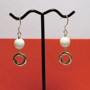 White Beaded Circle Charm Pierced Earrings A142